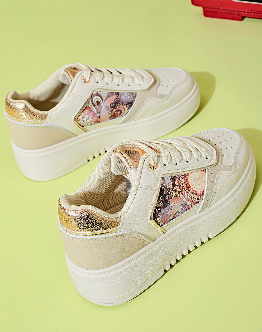 Baskets beige avec empiècement imprimé et taupe