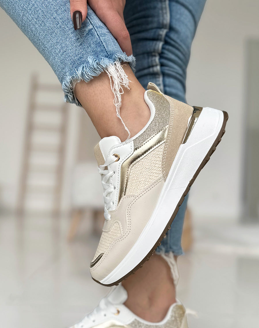 Baskets beiges à empiècements taupe et pailleté