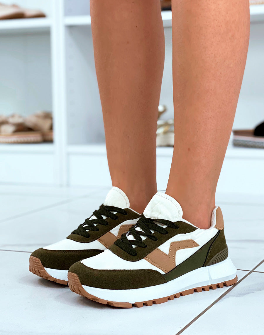 Baskets beiges et kaki avec empiècement taupe