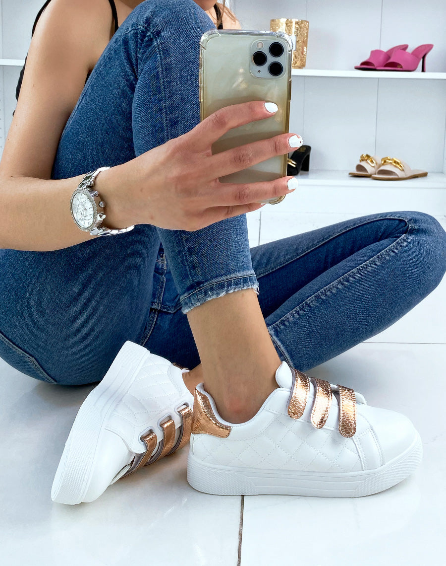 Baskets blanches à scratchs rosegold effet snake
