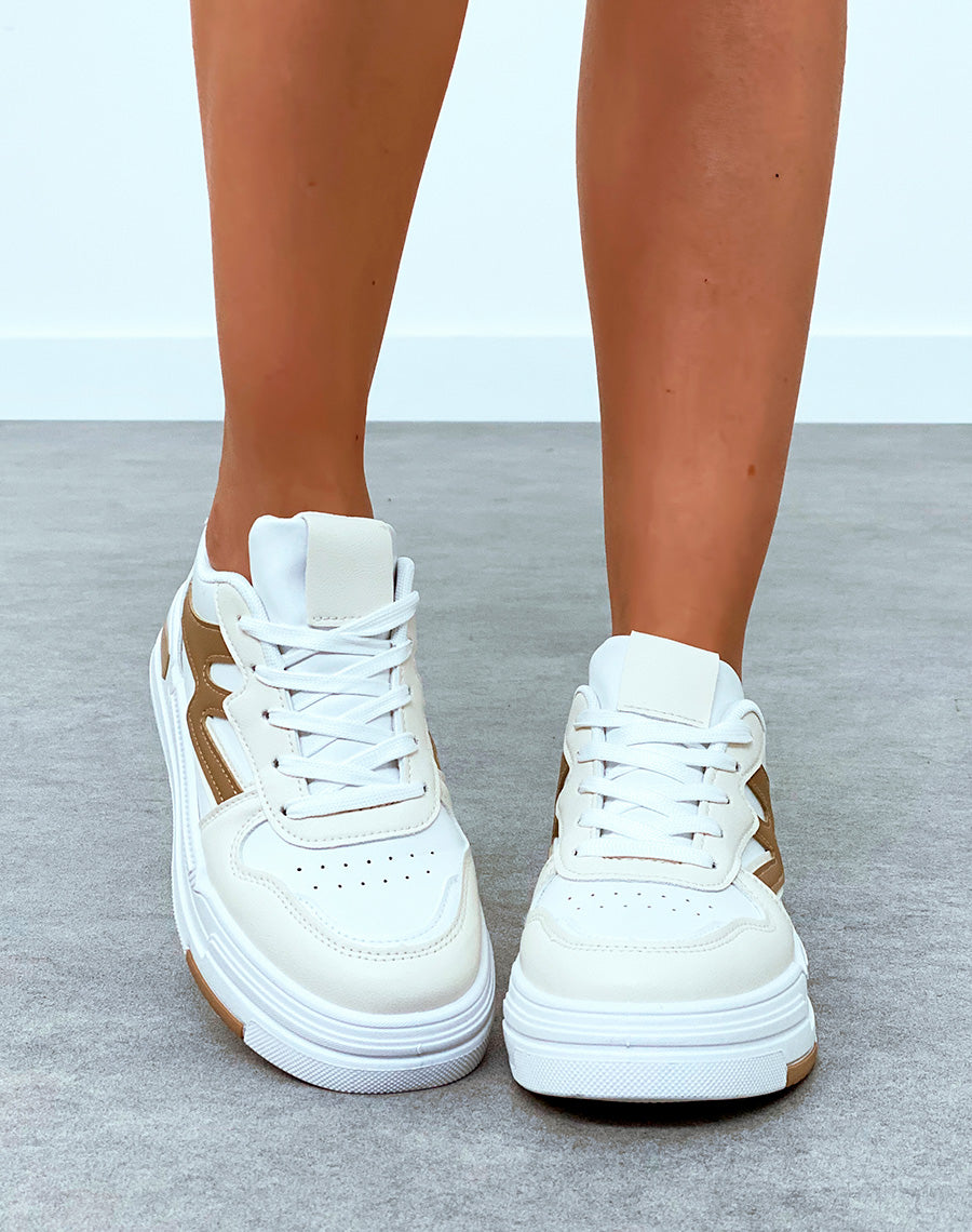 Baskets femme bi-couleurs beige foncé et blanche à lacets