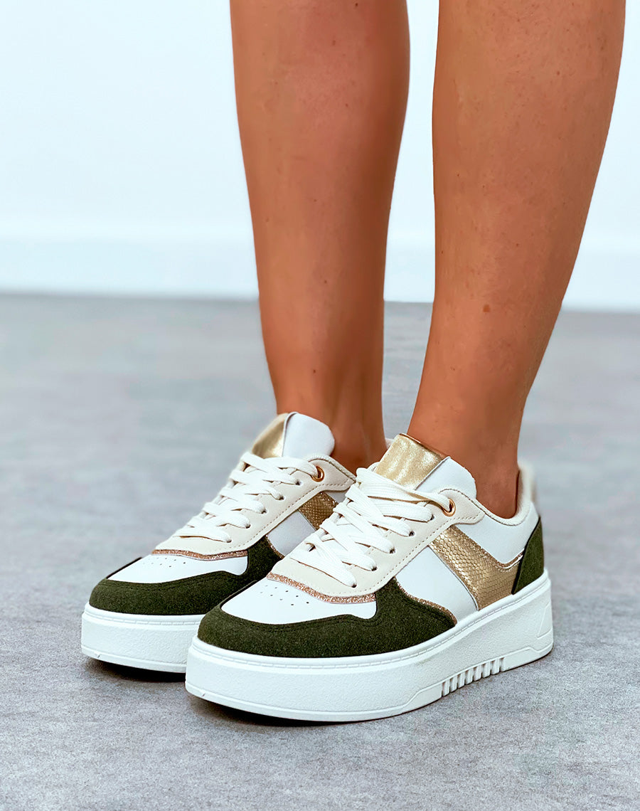 Baskets femme bi-couleurs vert kaki à empiècements et détail dorée