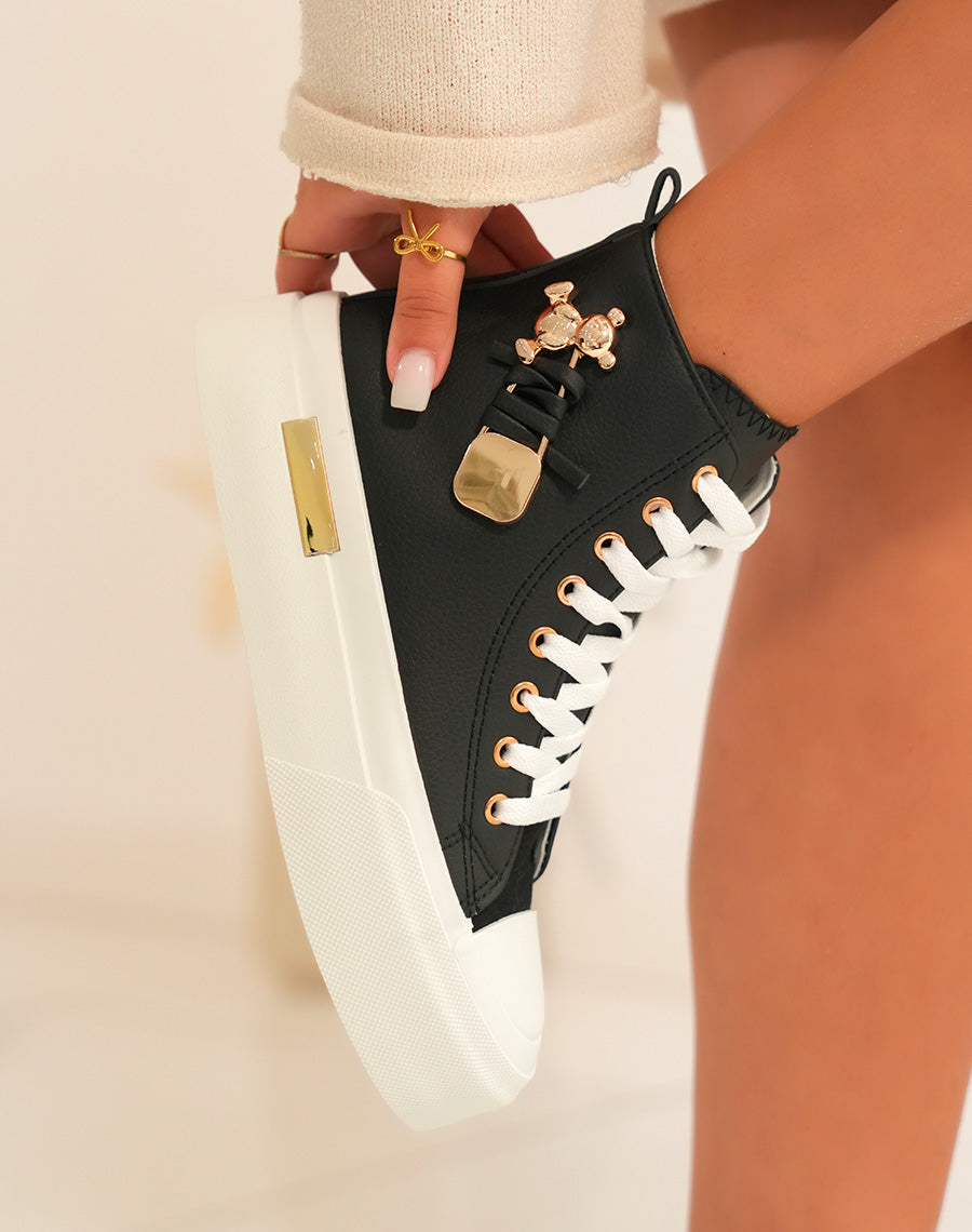Baskets femme montantes noires à lacets avec détail ourson doré et semelle épaisse
