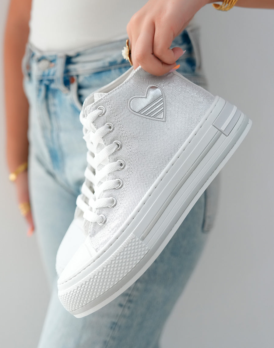 Baskets Montantes Blanches à Paillettes avec Coeur