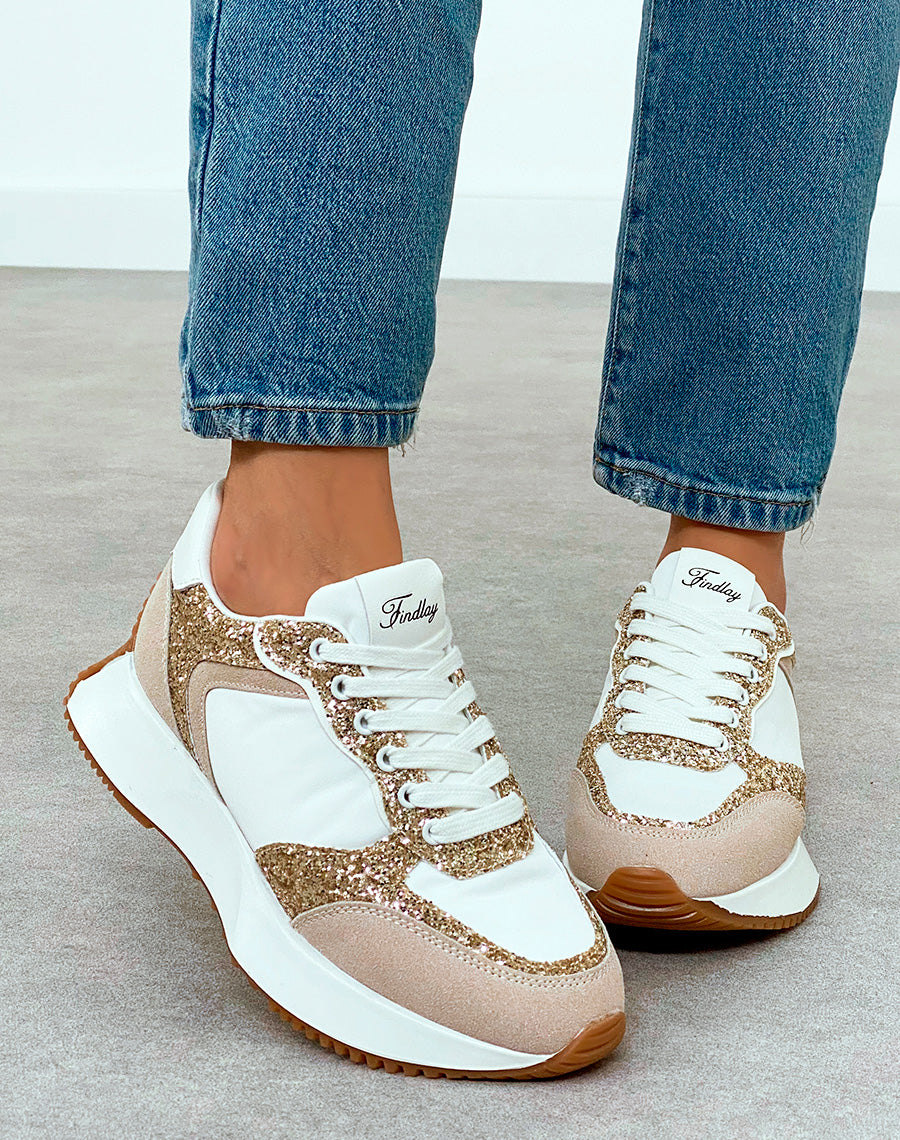 Baskets montantes blanches à paillettes et empiècement beige