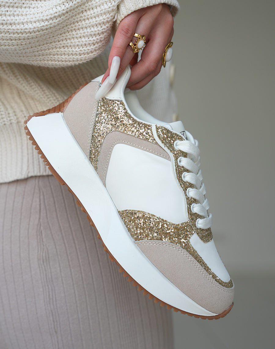 Baskets montantes blanches à paillettes et empiècement beige