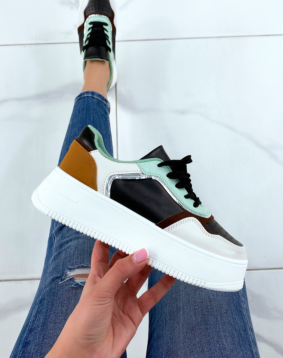 Baskets noires beiges vert d?eau et camel