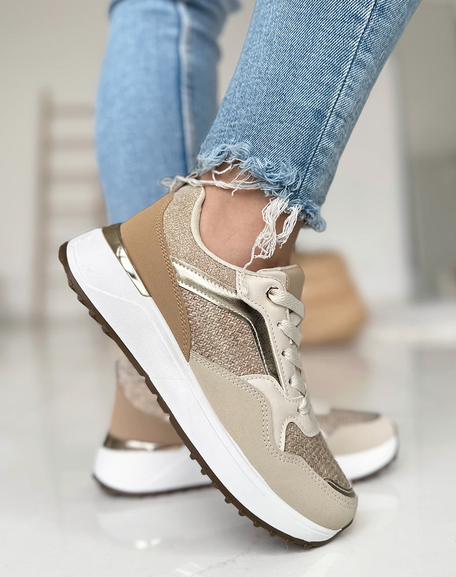 Baskets taupes à empiècements beige et pailleté