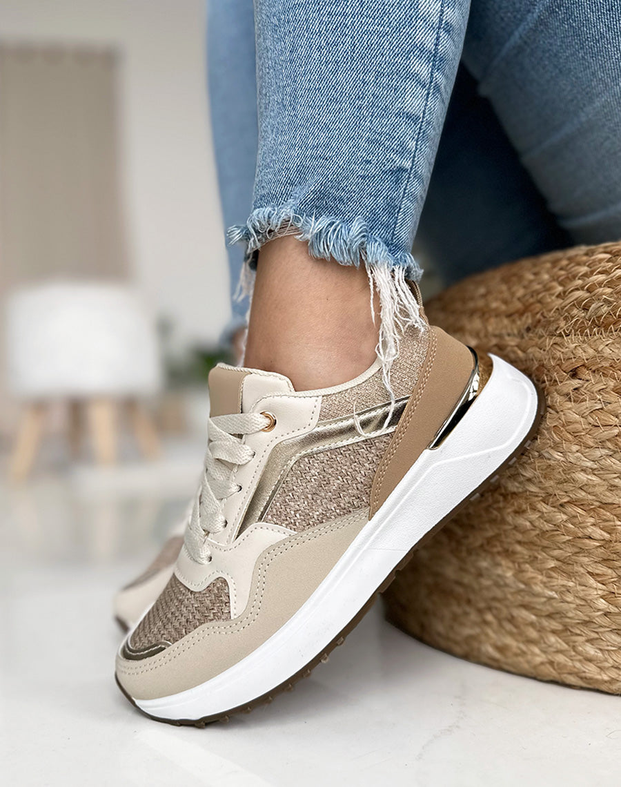 Baskets taupes à empiècements beige et pailleté