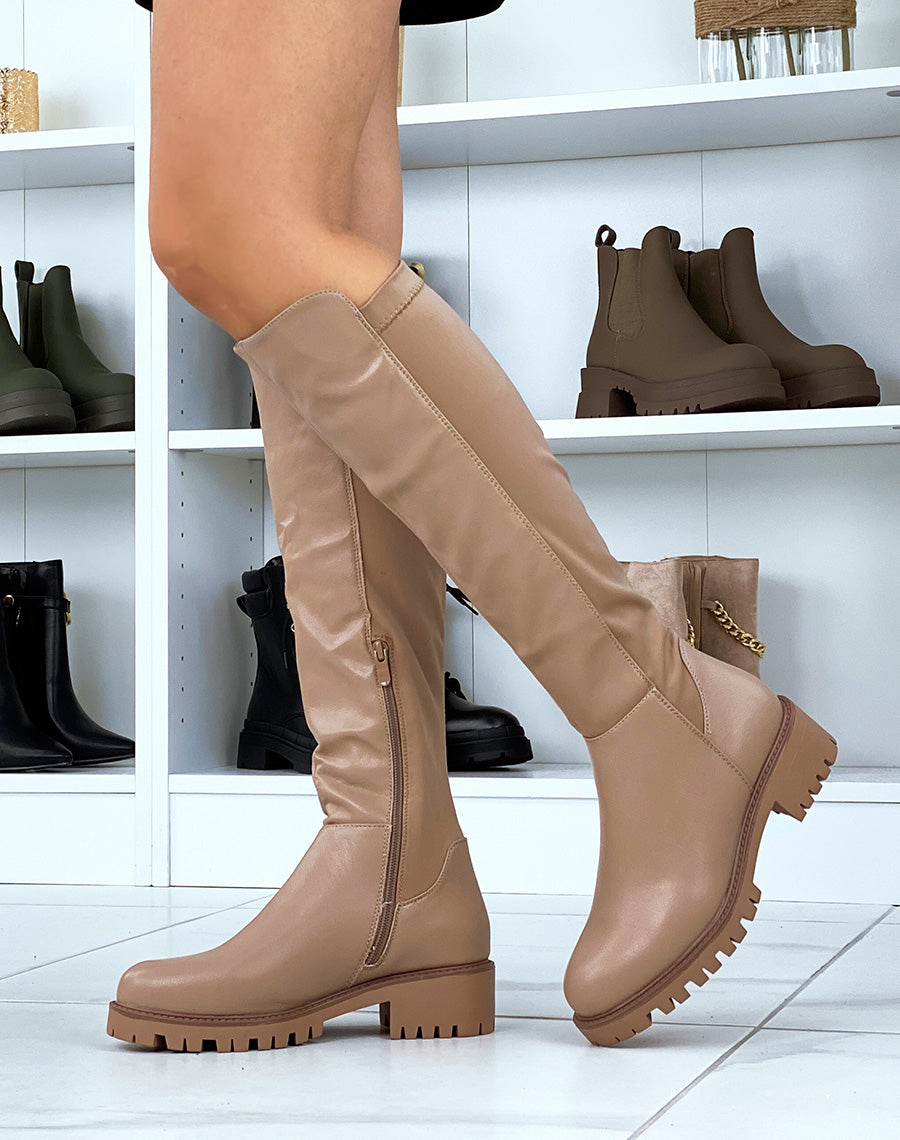 Bottes beige foncé bi-matières effet tissu