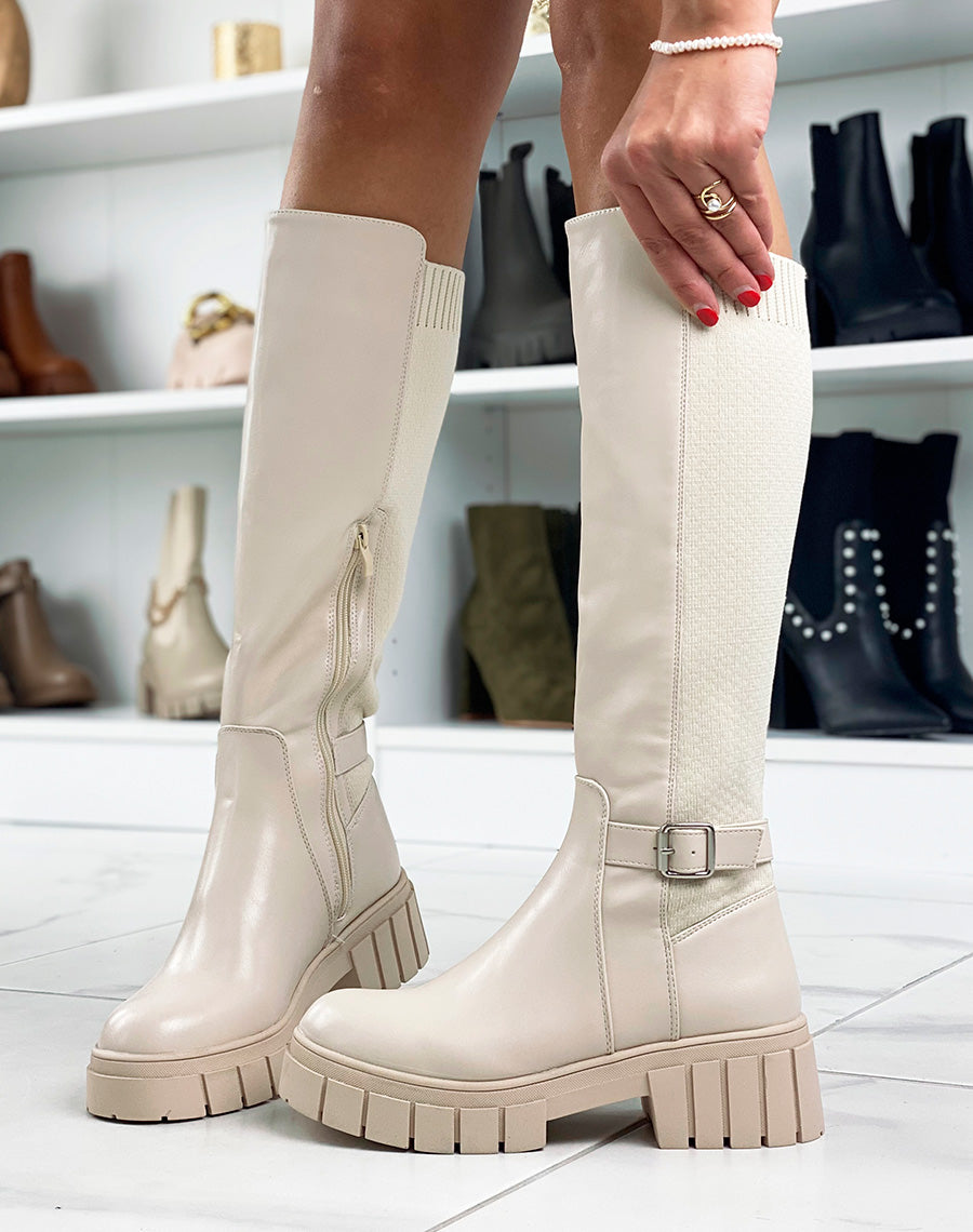 Bottes beiges bi-matière à lanière et semelle épaisse