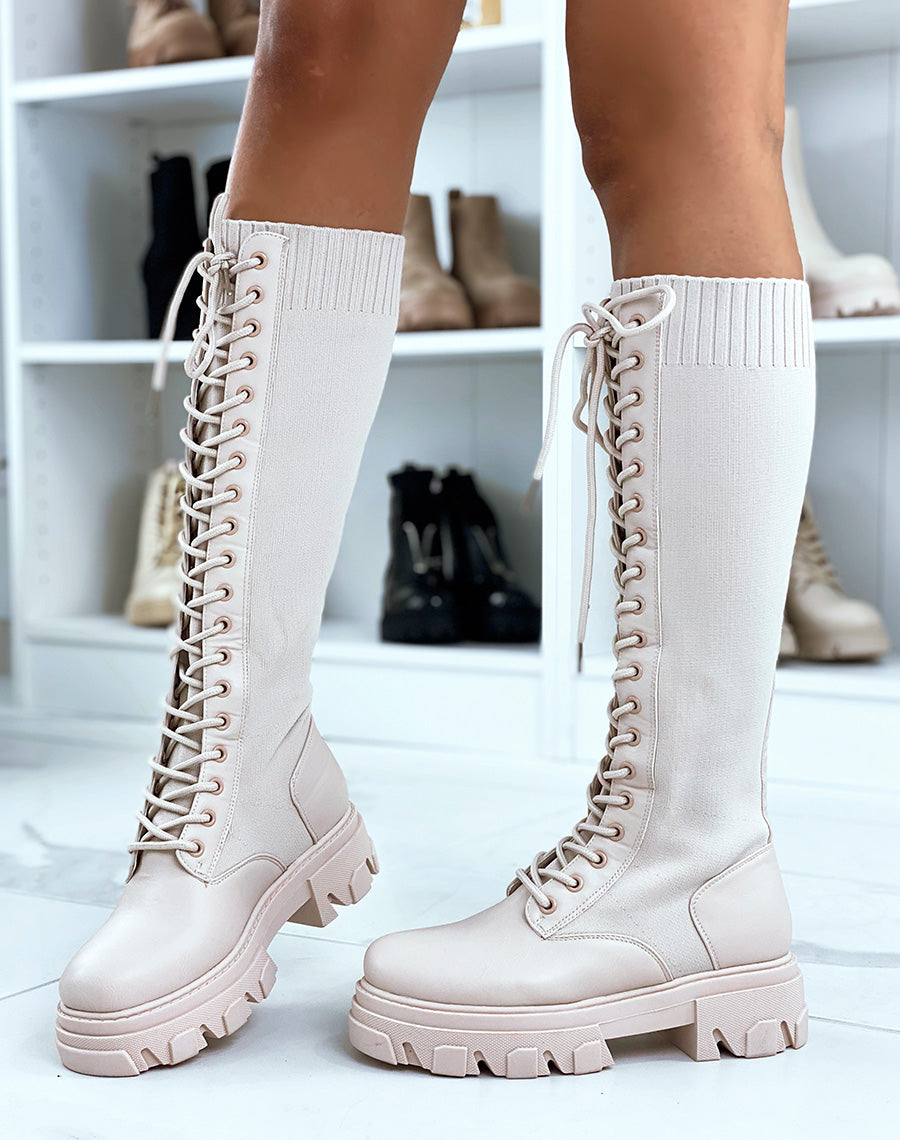 Bottes beiges bi-matières lacées à semelle crantée