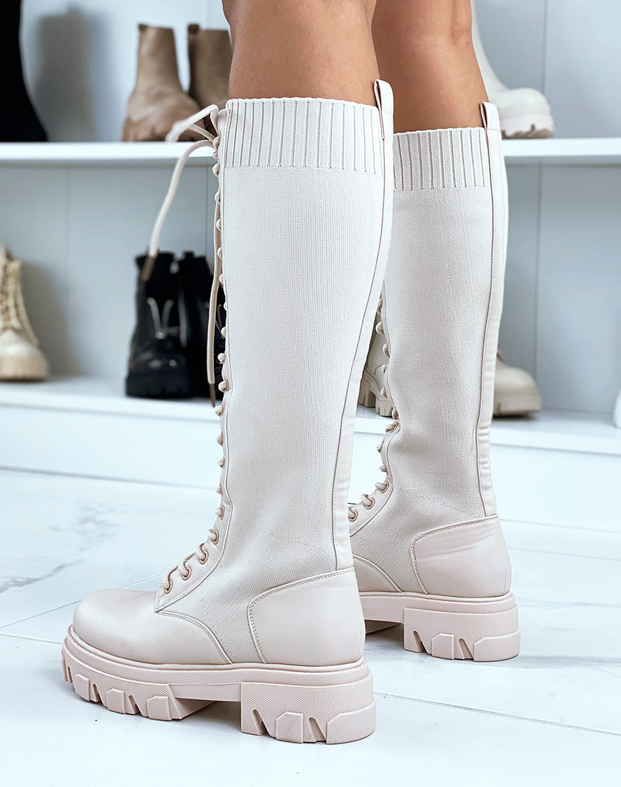 Bottes beiges bi-matières lacées à semelle crantée