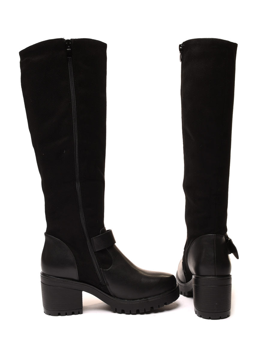 Bottes bi matières noires à talon mi haut