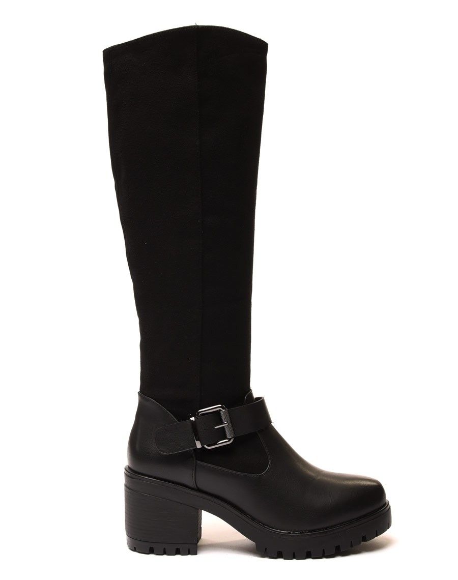 Bottes bi matières noires à talon mi haut