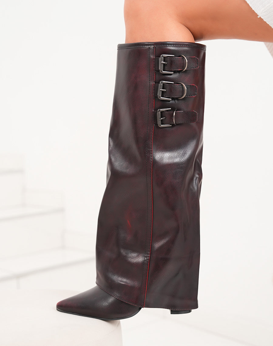 Bottes bordeaux effet délavé à talon carré et bout pointu