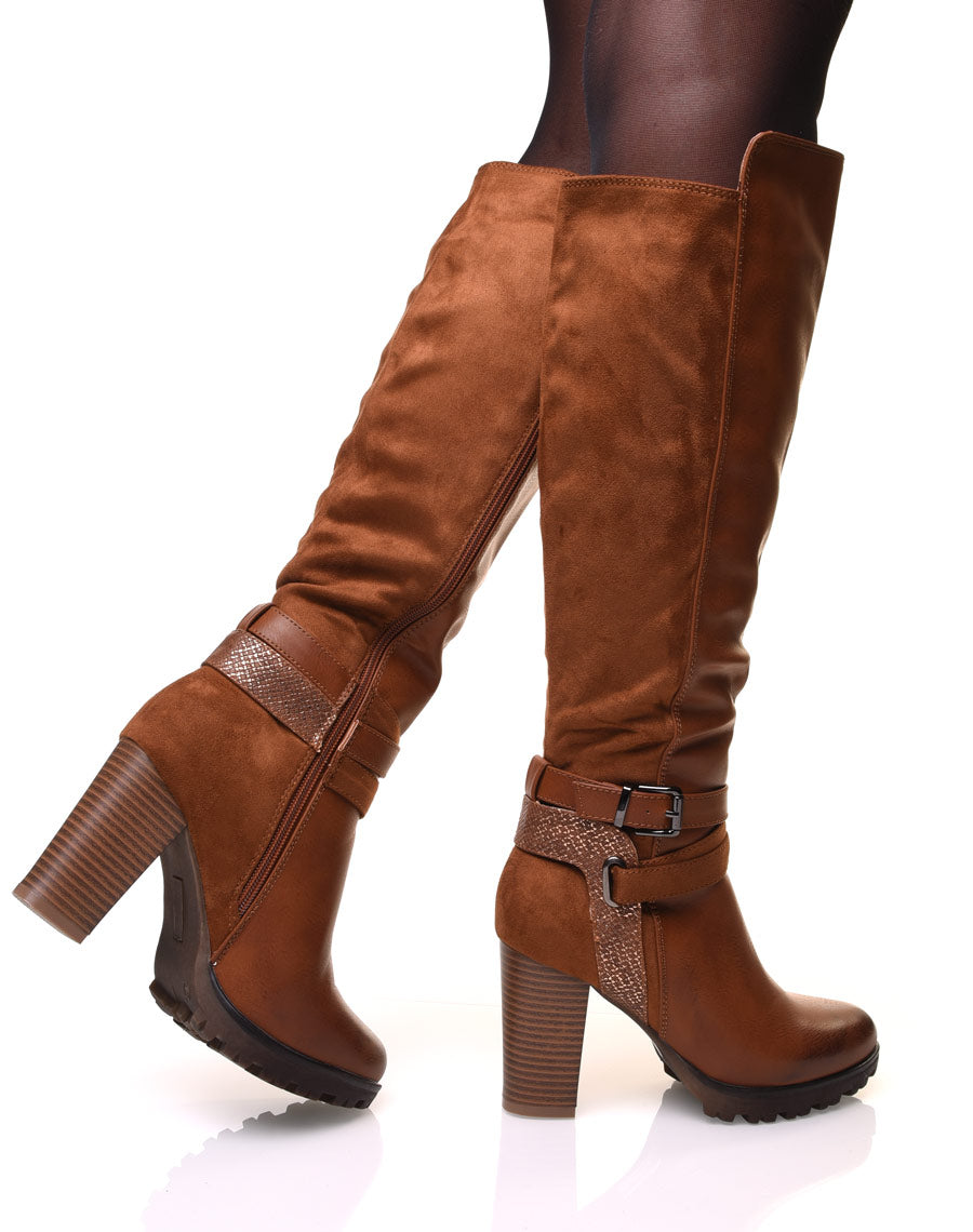Bottes camelles bi-matière à talon haut