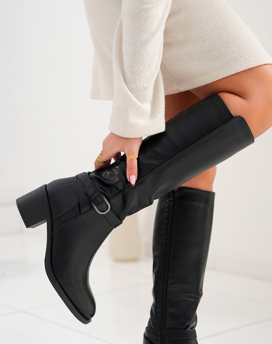 Chic black boots with small heels and buckle strips