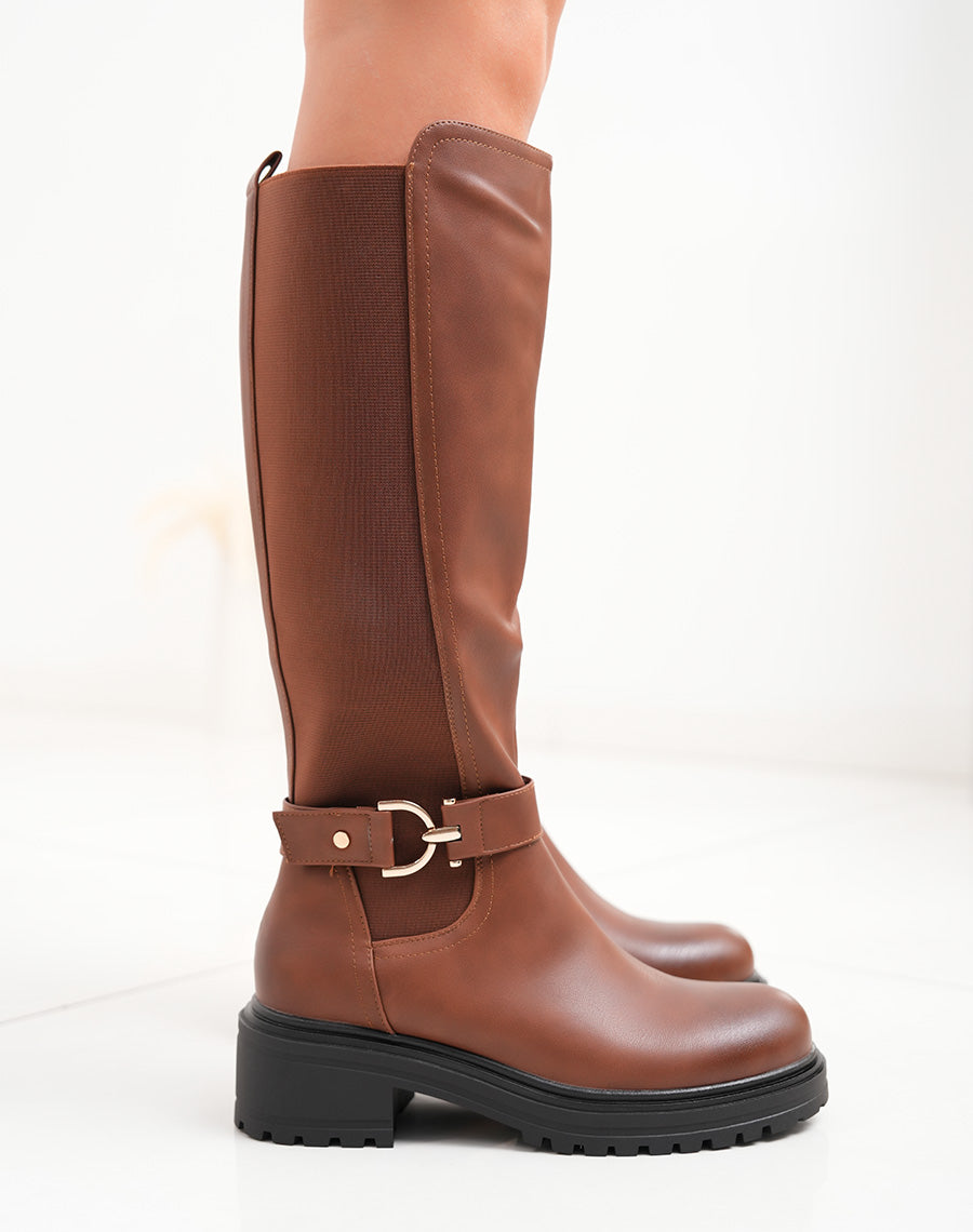 Bottes femme camel à talon cranté et boucle dorée intérieur fourré