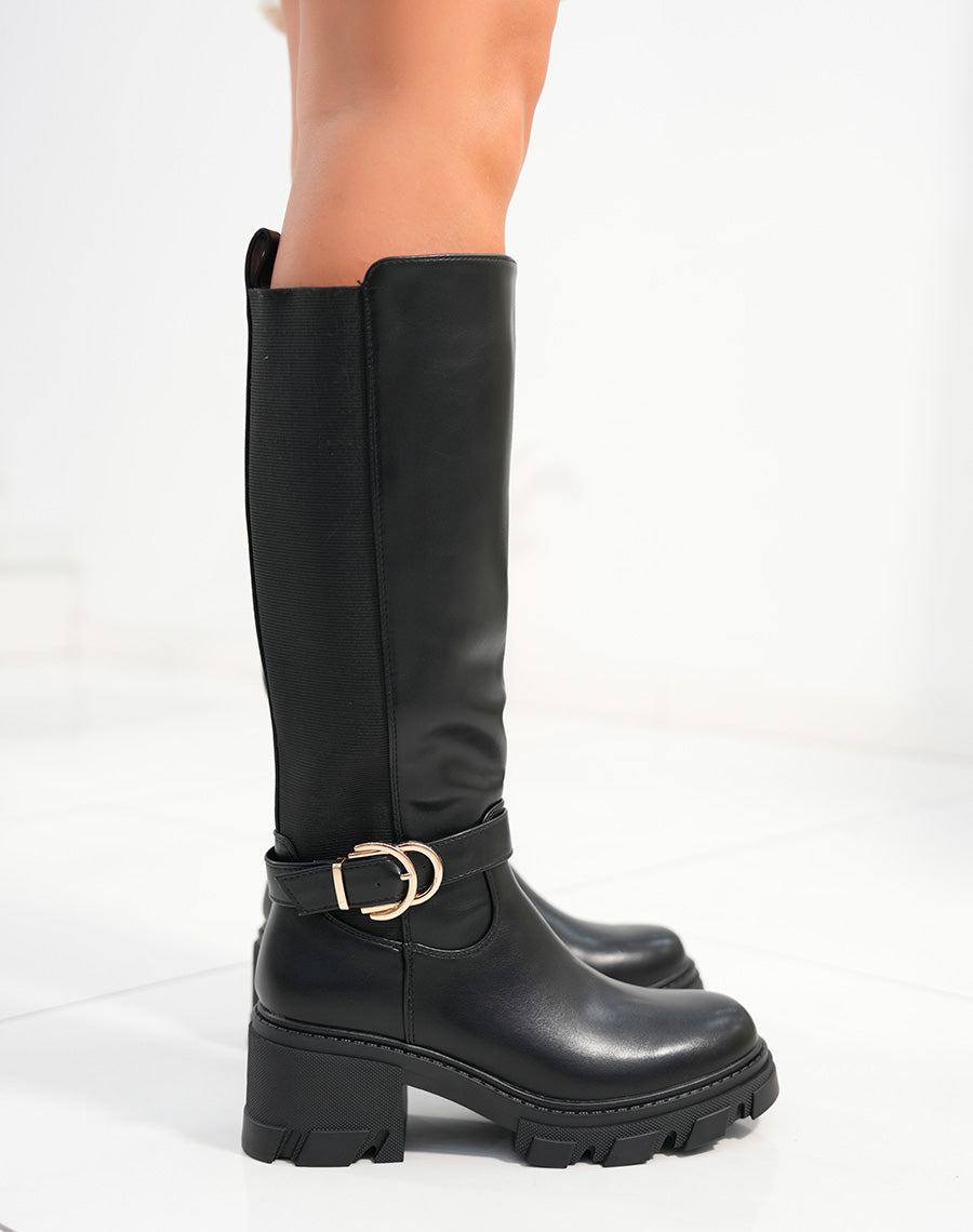 Bottes femme noires avec élastique semelle crantée et double boucle dorée