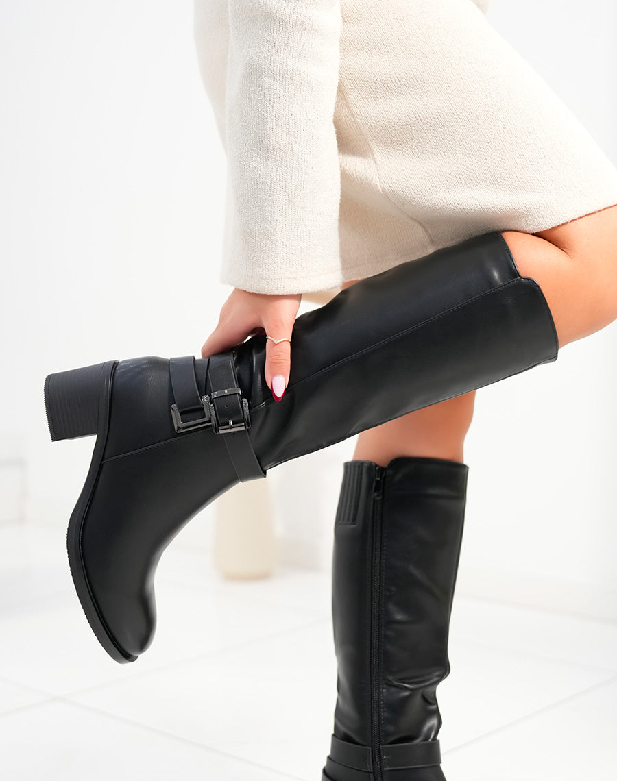 Black women's boots with medium heel and double silver decorative stra