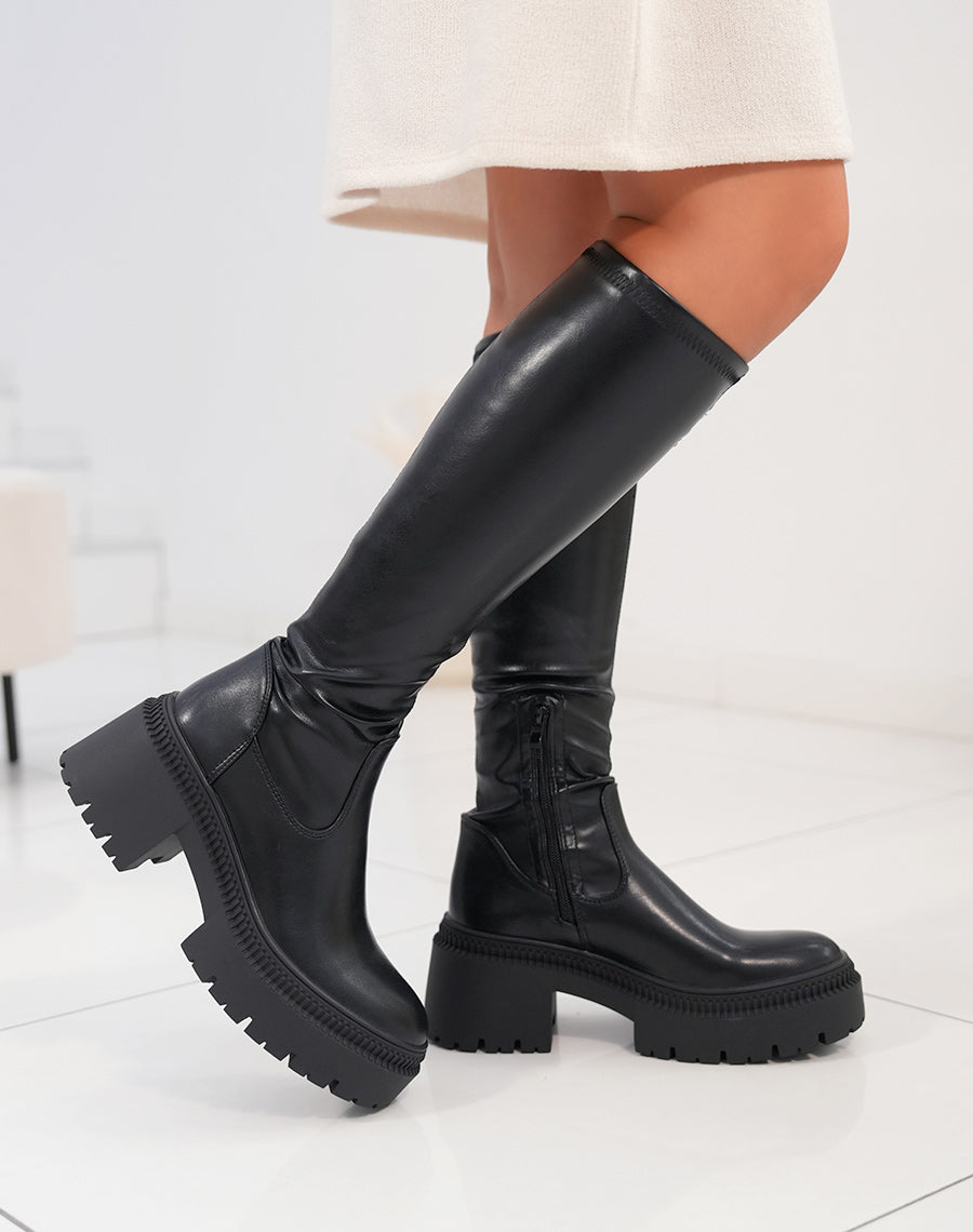 Bottes femme noires effet chaussette avec semelle crantée et talon de 6 cm