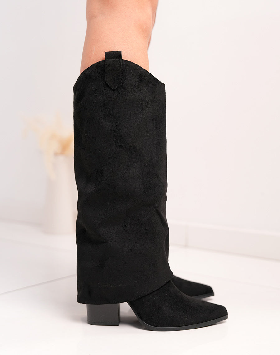 Bottes femme noires en suédine tendance à bout pointu avec talon haut épais et revers fourré