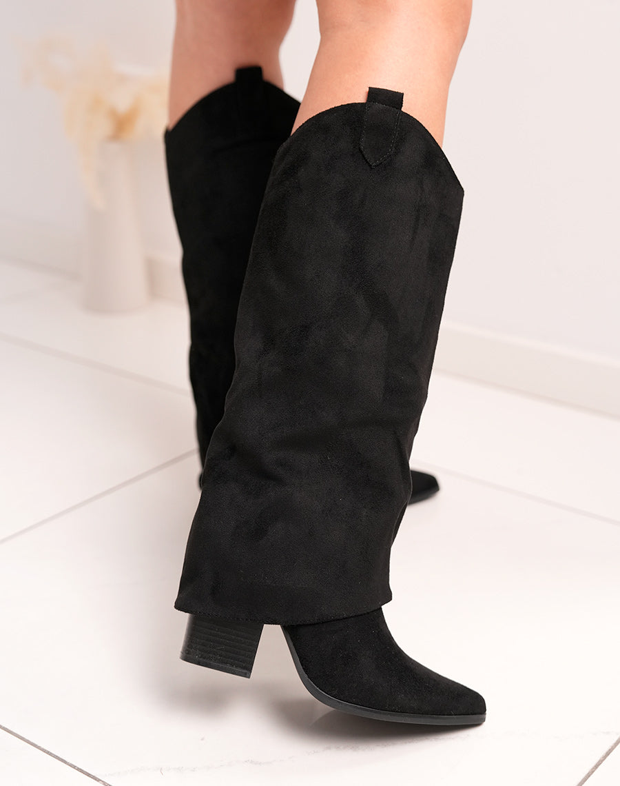 Bottes femme noires en suédine tendance à bout pointu avec talon haut épais et revers fourré