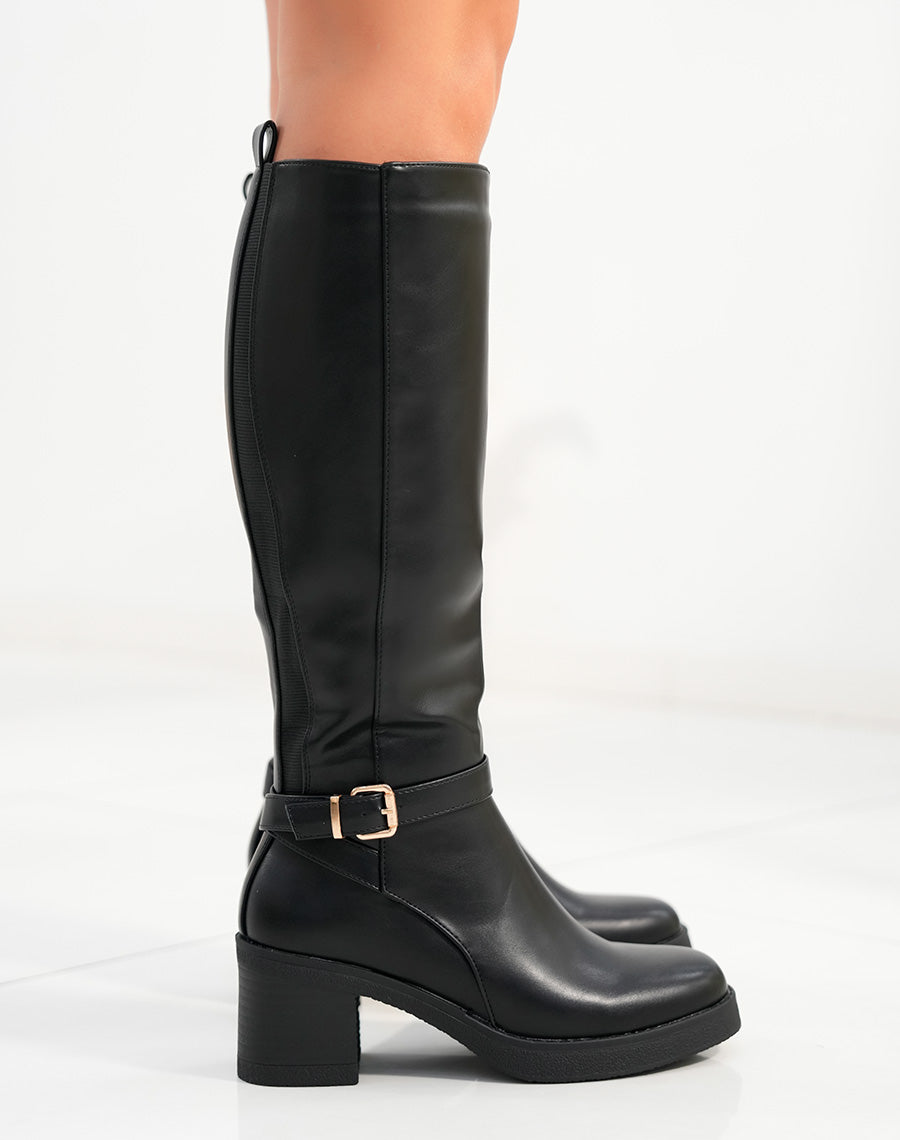 Bottes femme noires à talon épais avec élastique et boucle dorée élégance et modernité