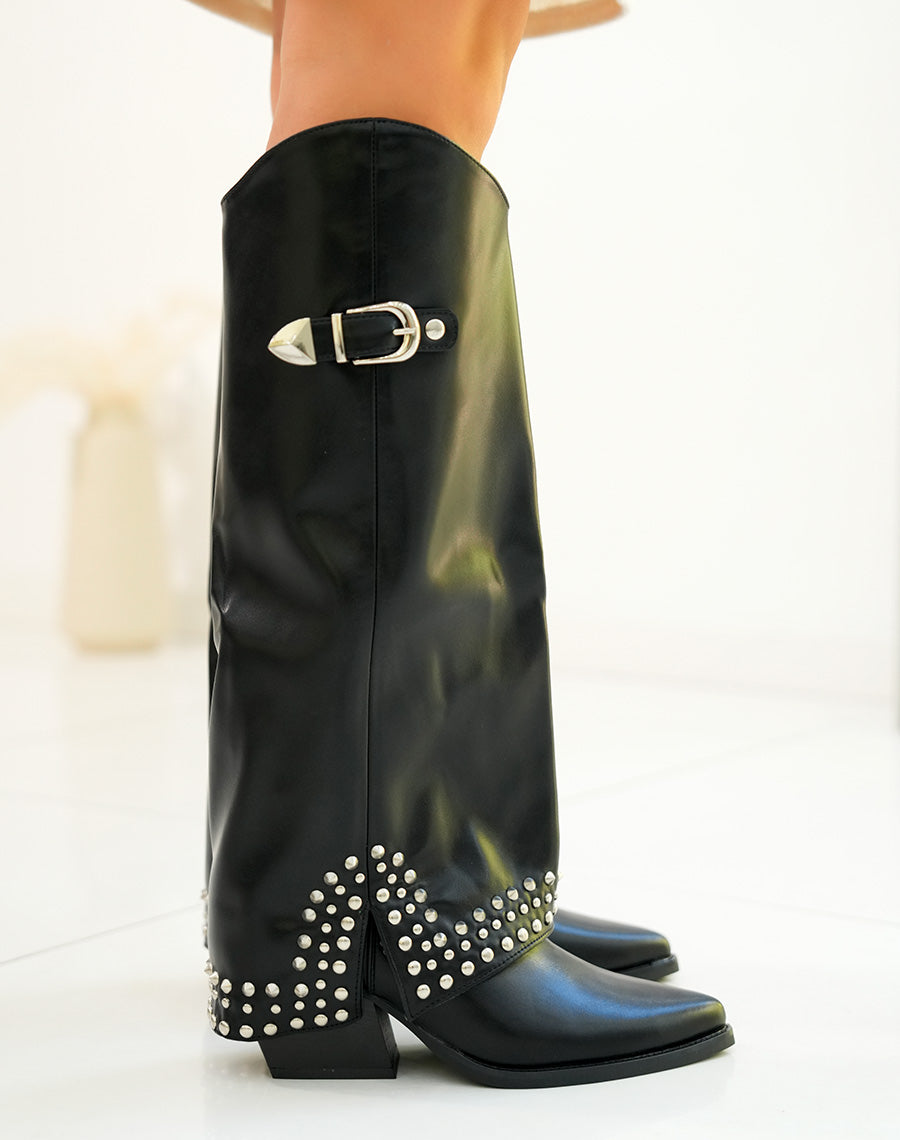 Bottes femme à revers avec clous et boucles argentées