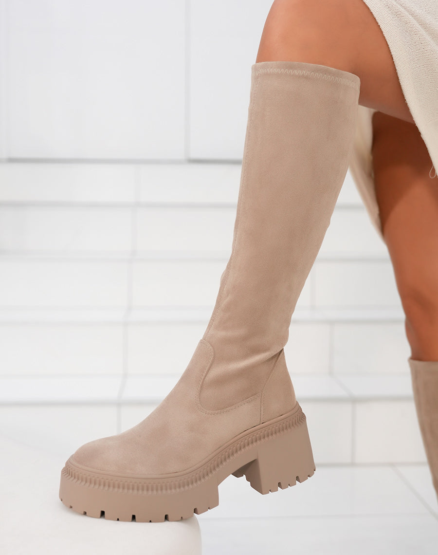 Bottes femme taupe effet chaussette avec semelle crantée et talon de 6 cm