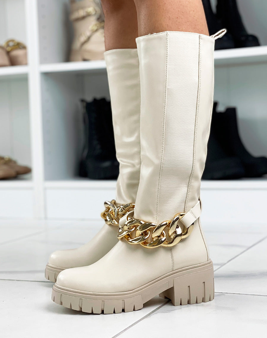Bottes hautes beiges avec élastique et chaine dorée