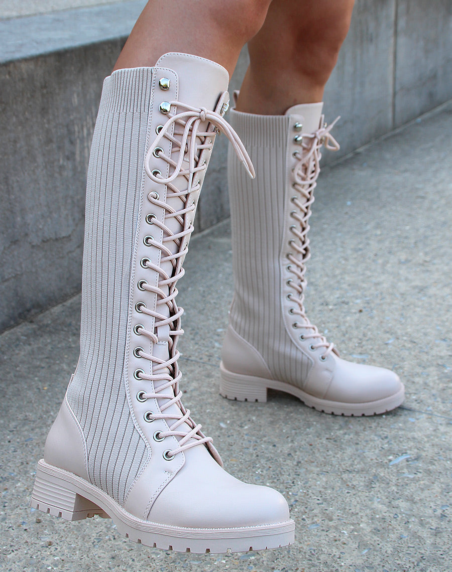 Bottes hautes beiges effet chaussette