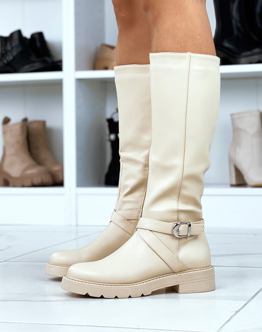 Bottes hautes beiges à lanières entrecroisées