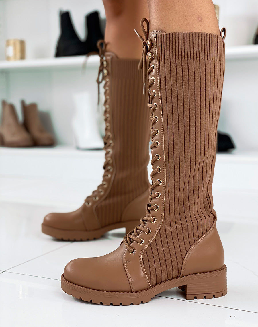 Bottes hautes capuccino effet chaussette