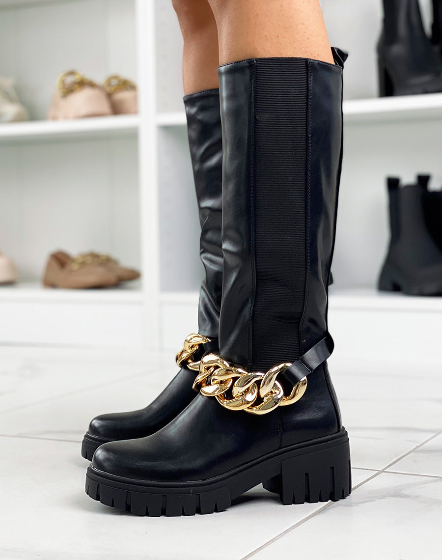 Bottes hautes noires avec élastique et chaine dorée