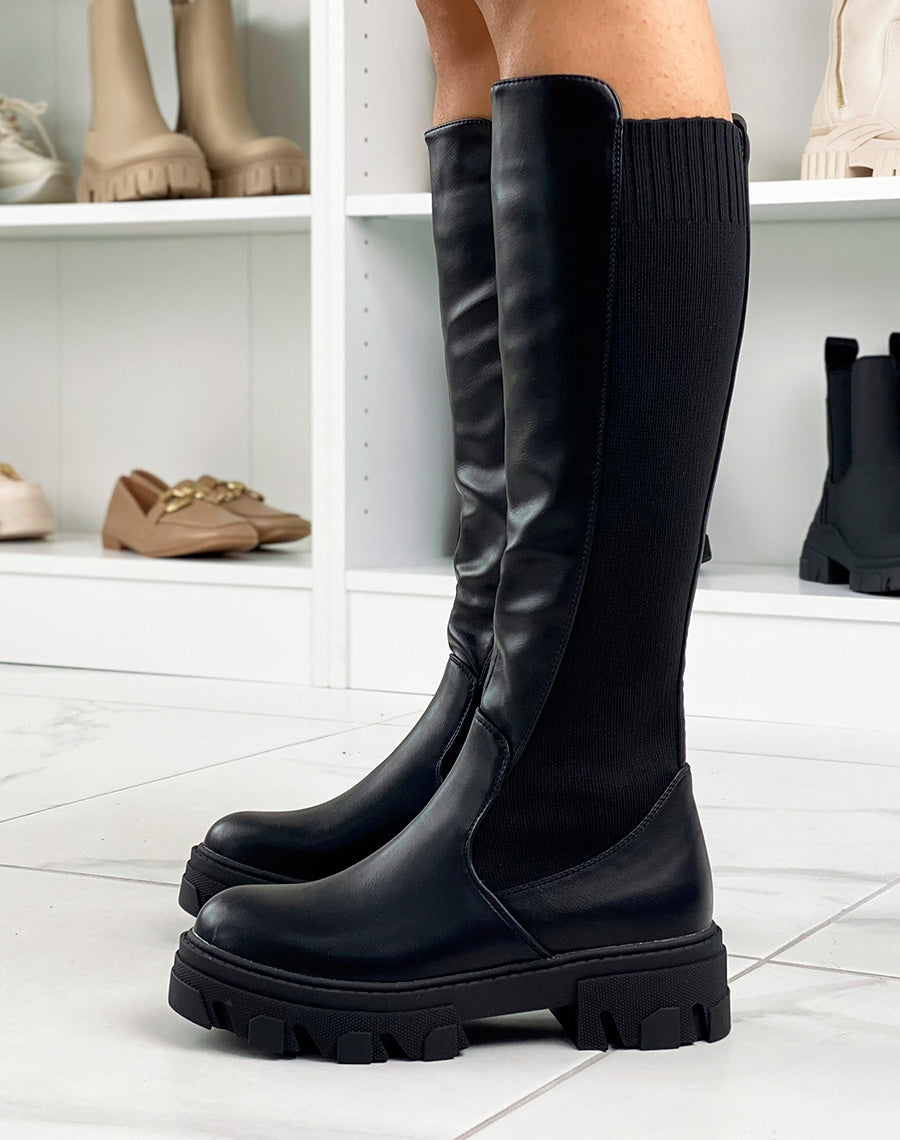 Bottes hautes noires bi-matières