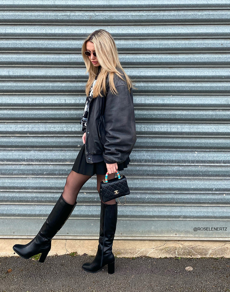 Bottes hautes noires à talon et bout carré arrondi