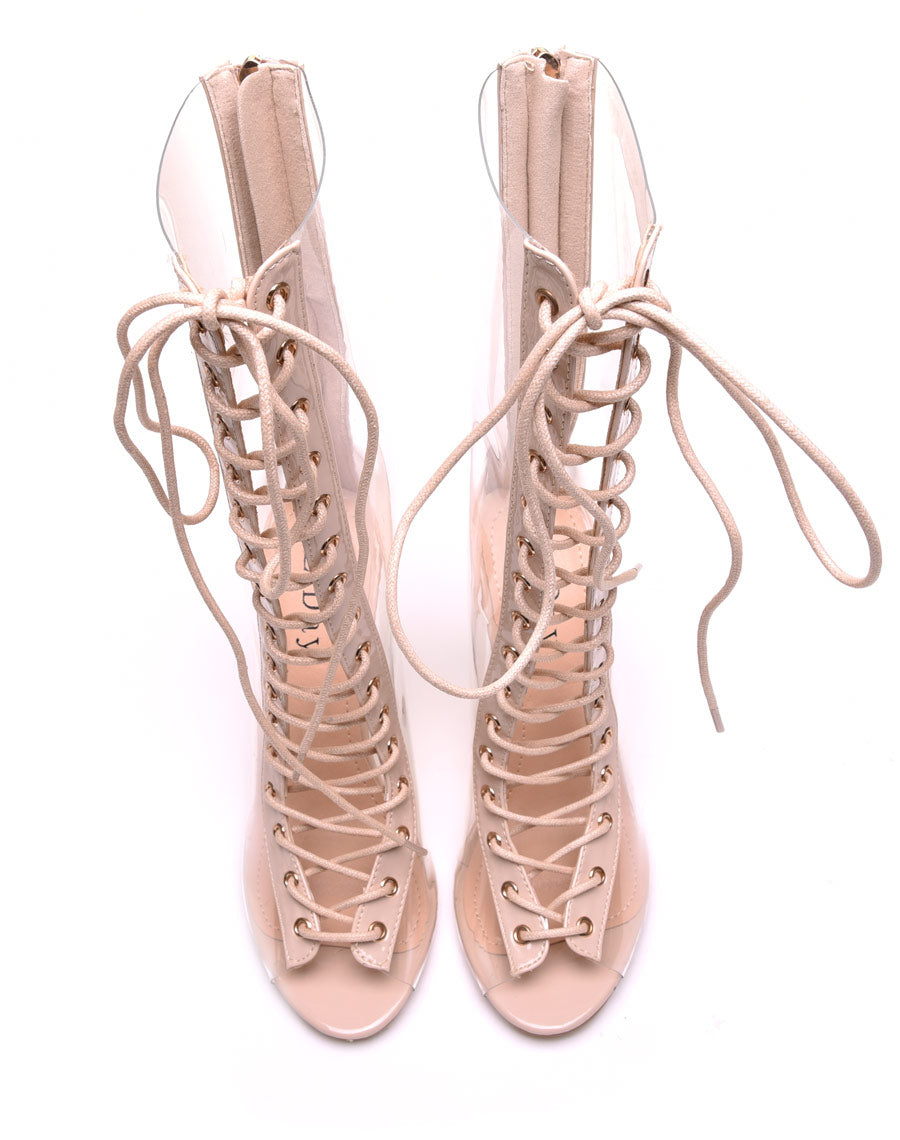 Bottes hautes nudes à talons transparents