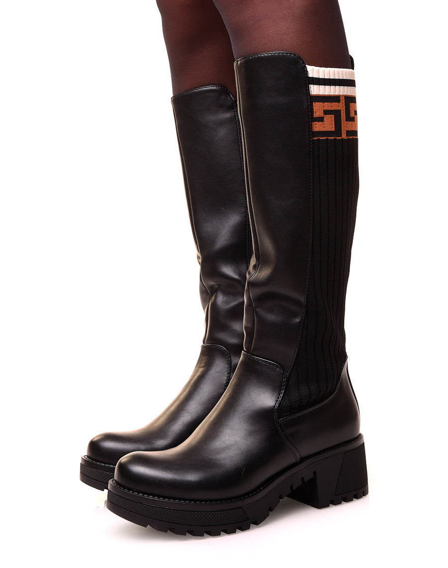 Bottes noires à empiècement tissus