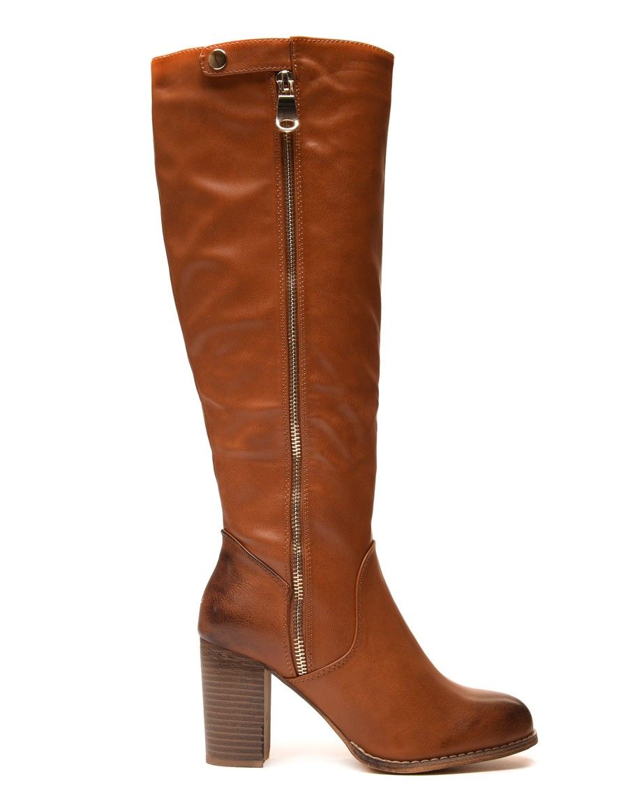 Bottes à talons camelles avec fermeture éclair décorative