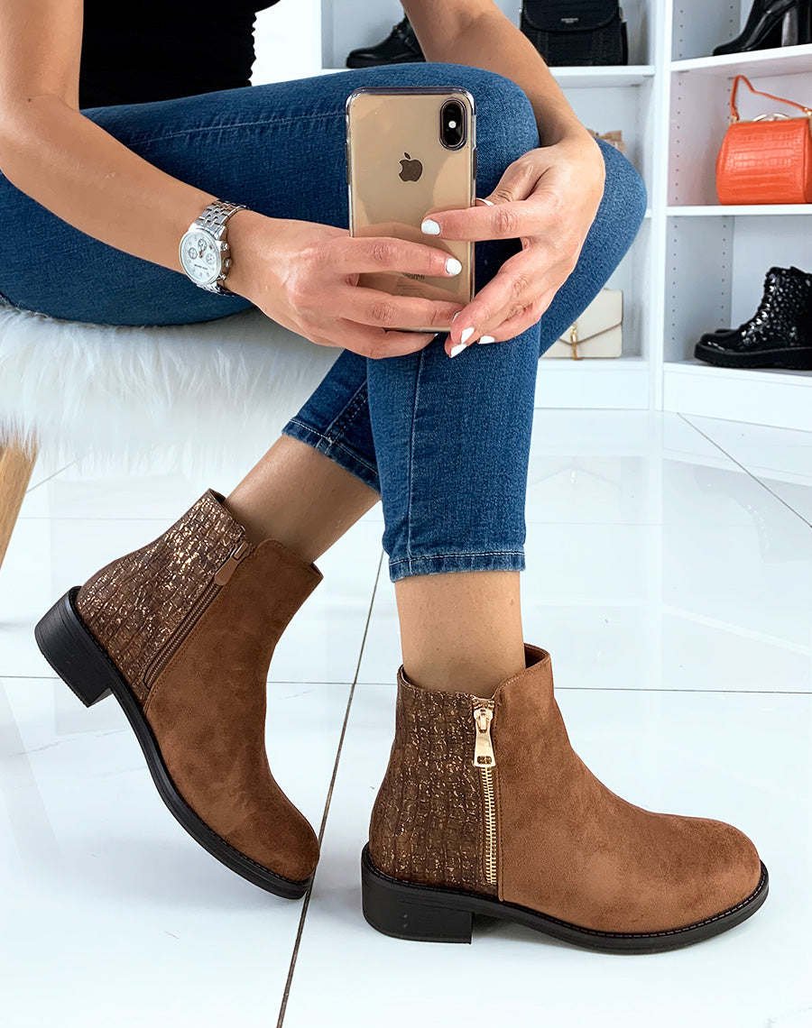 Bottine camel bi-matière effet croco