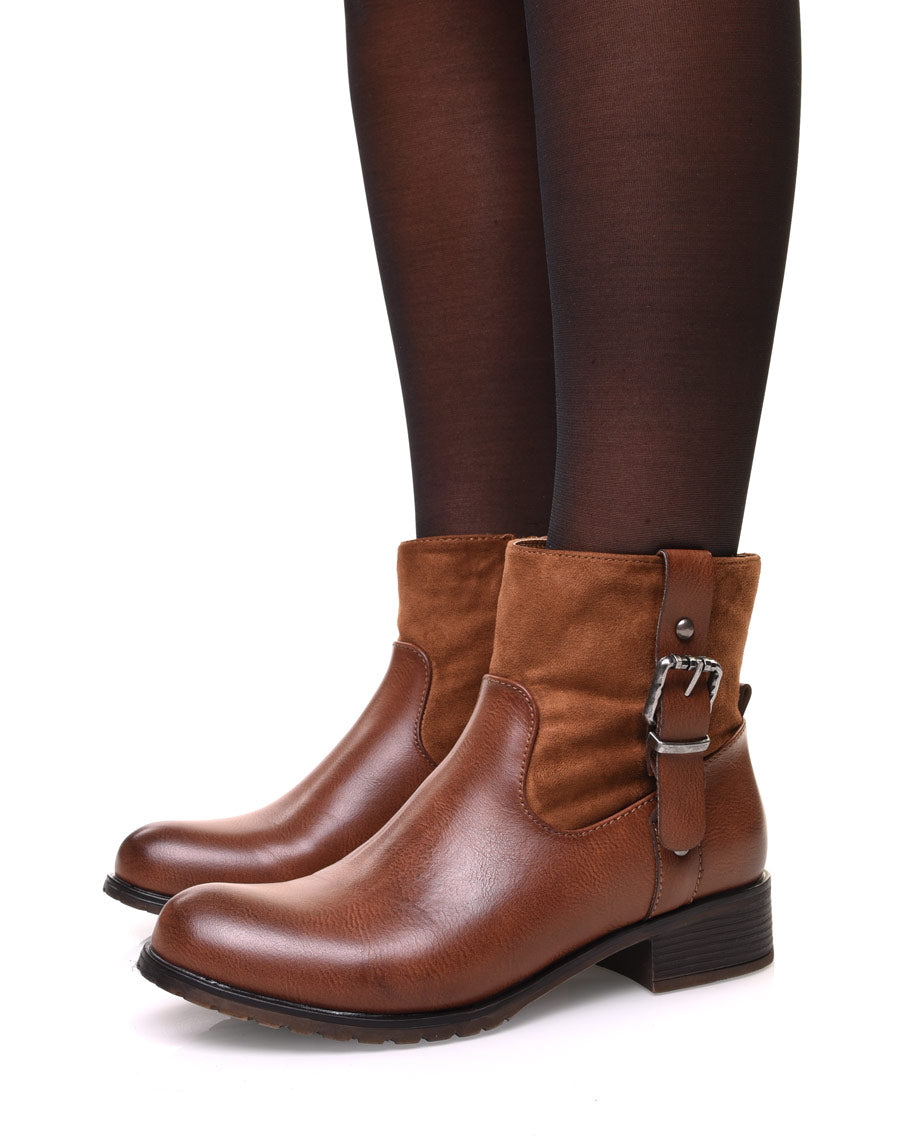 Bottine camelles bi matières à sangle décorative sur le côté