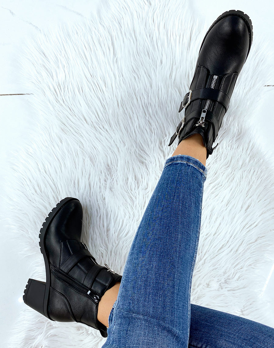 Bottine noire à talon a multiples sangles