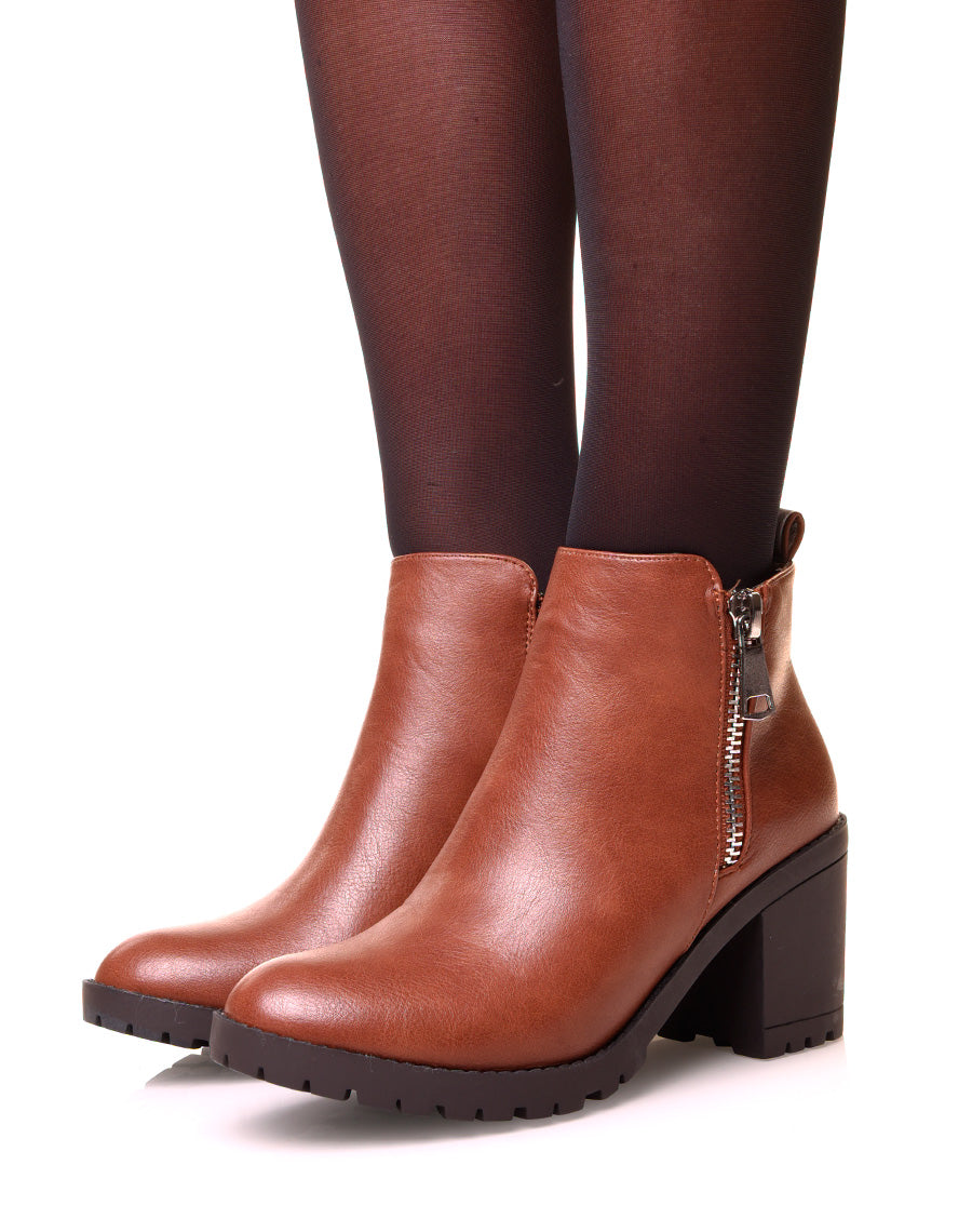 Bottine à talon camel à double zip