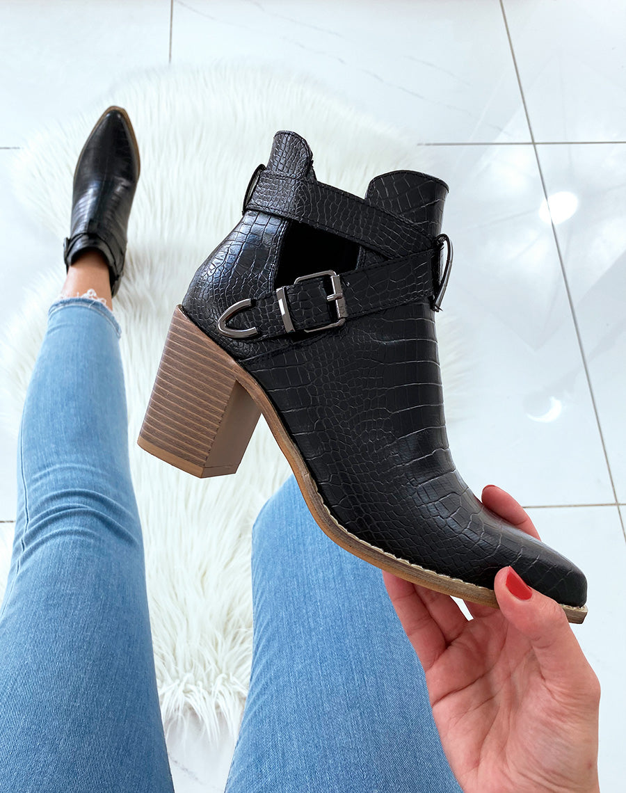 Bottines ajourées noires effet croco à talons