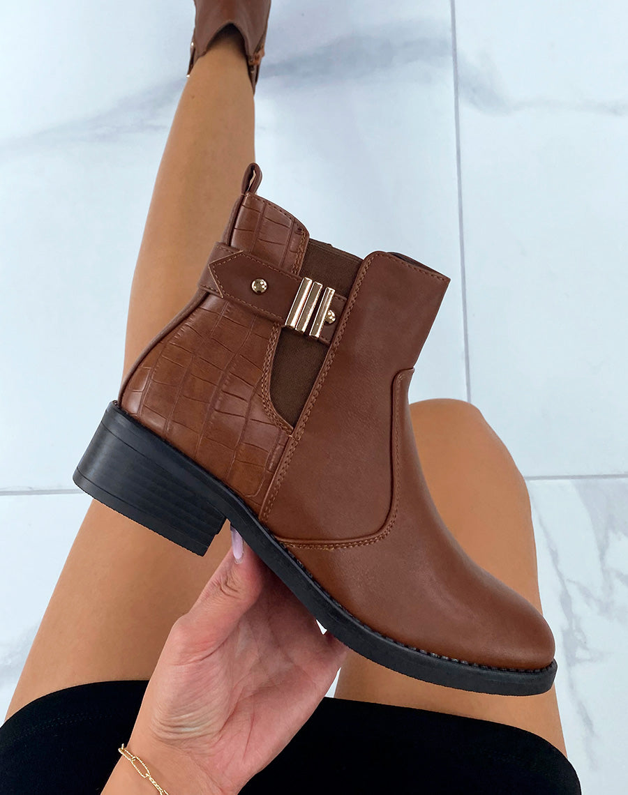 Bottines basses camel avec effet croco