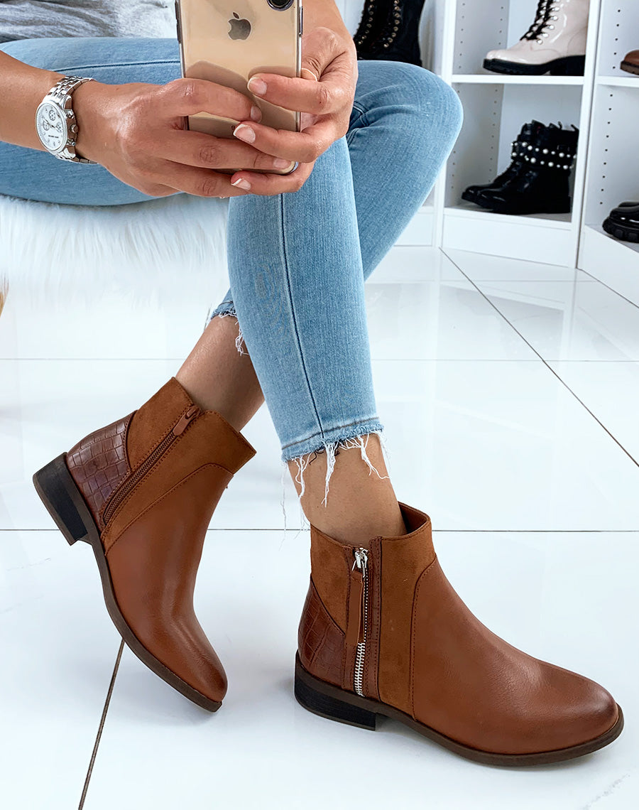 Bottines basses camel bi-matières et à fermetures argentées