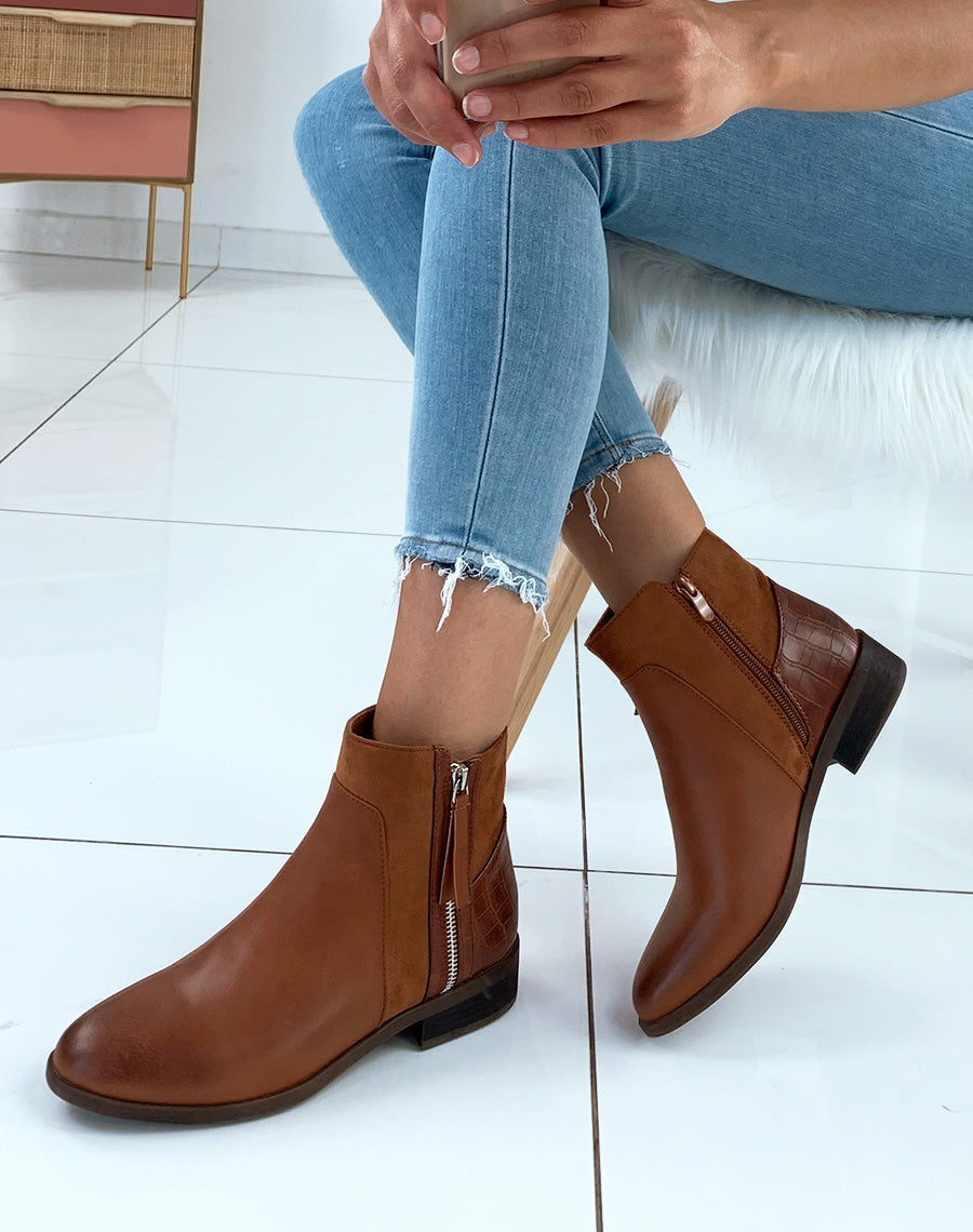 Bottines basses camel bi-matières et à fermetures argentées