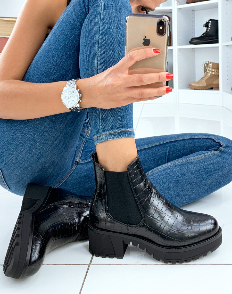 Bottines basses noires à talon mi-haut effet croco
